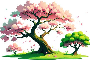 watercolor green cherry blossom double tree on white background.