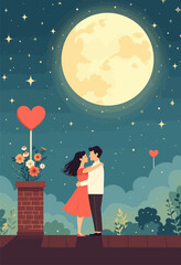 Romantic Couple Embracing Under Moonlit Starry Sky