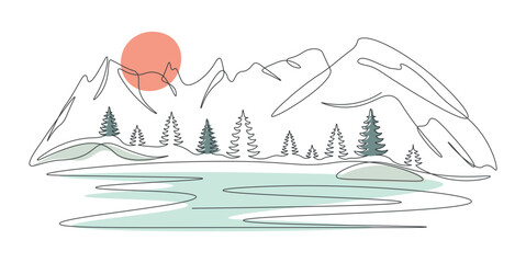 Mountain landscape with fir trees. Forest landscape with lake in one continuous line. Minimalistic hand drawing. Single line panoramic sketch. Editable color vector illustration on white background.