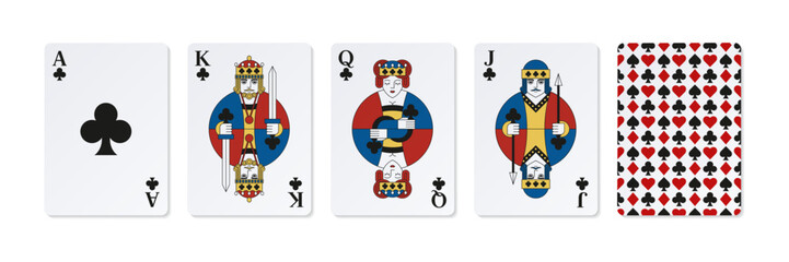 Colored playing cards of Clubs. King, Queen, Jack, Ace and card back.