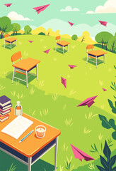 Obraz premium School Desks on Green Hill with Pink Paper Airplanes
