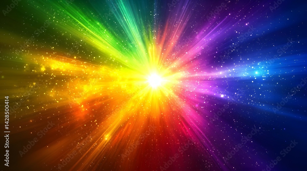 Poster rainbow background with light rays and lens flare explosion