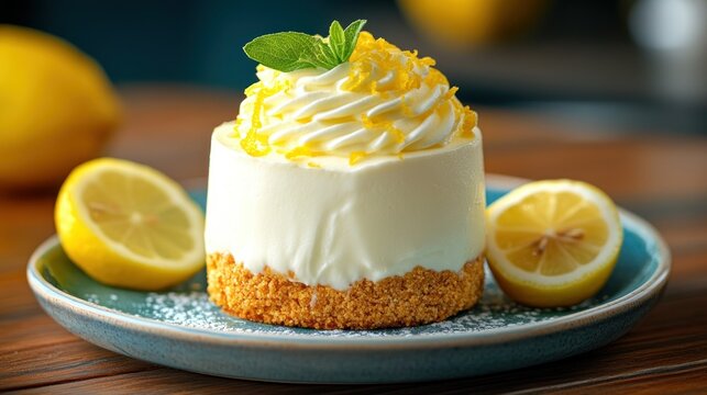 Creamy lemon dessert, topped with whipped cream and lemon zest
