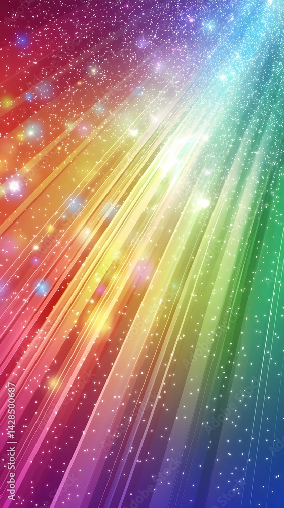 Poster rainbow background with light rays and lens flare explosion
