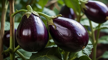 Fresh ripe purple eggplant or aubergine brinjal growing on a plant. Healthy organic vegetarian vegetable.