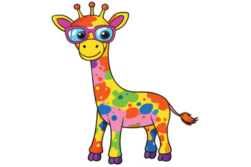 Colorful artistic giraffe in eyeglasses with colorful paint splatters on white background