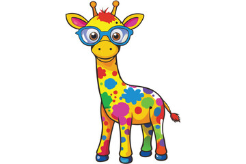 Colorful artistic giraffe in eyeglasses with colorful paint splatters on white background