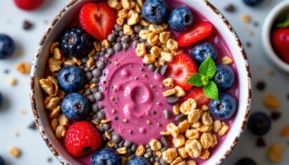 A delicious smoothie bowl featuring a blend of ripe mixed berries and chia seeds, balanced with a creamy texture and topped with a colorful assortment of fresh fruit and crunchy granola.