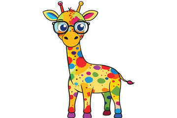 Colorful artistic giraffe in eyeglasses with colorful paint splatters on white background