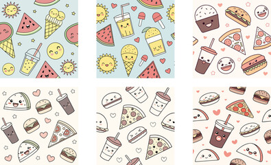 Seamless Kawaii Food Vector Pattern - Cute Snacks and Desserts