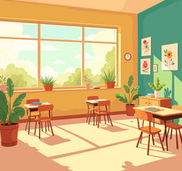 Fototapeta premium Sunny Classroom with Plants and Flower Art