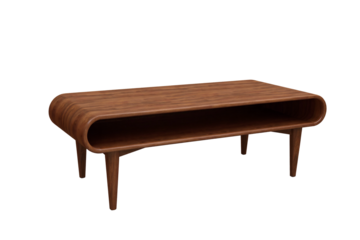 Modern dark wood coffee table with sleek rounded edges and angled legs, mid-century style living room furniture object isolated against a transparent background for interior design concepts