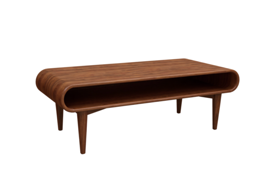 Modern dark wood coffee table with sleek rounded edges and angled legs, mid-century style living room furniture object isolated against a transparent background for interior design concepts