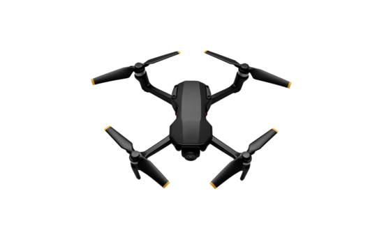 Modern black quadcopter drone flying gadget with four propellers, representing aerial photography, surveillance technology, or hobbyist remote control flight, isolated on a transparent background