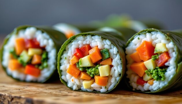 A close up shot of hand rolled veggie sushi showcases a colorful assortment of finely chopped vegetables and rice neatly wrapped in a seaweed sheet