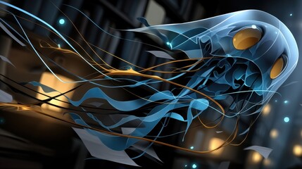 Abstract futuristic digital art of neural network with flowing blue and gold lines and glowing elements