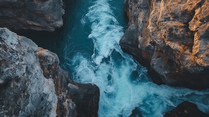 Turbulent water cascading through rocky canyon walls.