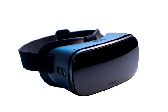 Modern black virtual reality VR headset device for immersive gaming, simulation, or metaverse experiences, futuristic technology gadget isolated against a transparent background for tech concepts