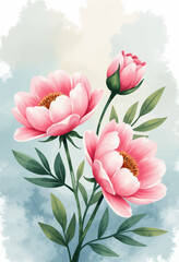 Fototapeta premium Watercolor Pink Peony Flowers with Bud and Green Leaves