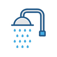 Blue and White Shower Head Icon with Water Drops