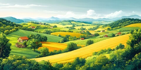 Patchwork farmland stretches to the horizon with green and yellow fields, scattered trees, and rural houses in a bright anime-style aerial view.  