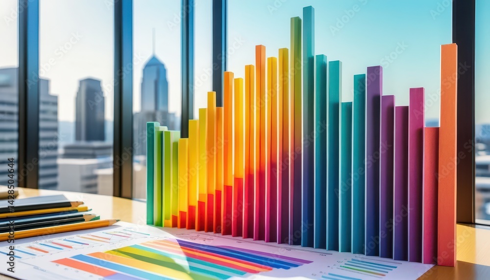 Poster vibrant rainbow-colored bar graph on a desk with pencils and papers beside a large window showcasing