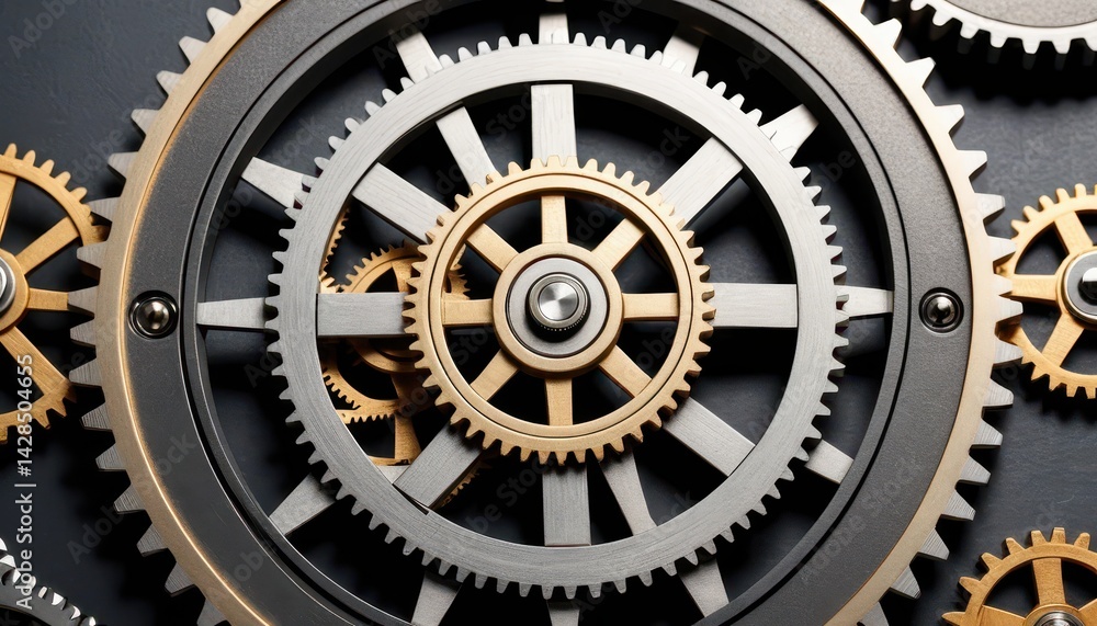 Poster Close-up View of Intricately Interlocking Silver and Gold Gears Showcasing a Complex System of Mechanical Components Against Dark Gray Background
