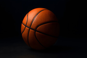 Obraz premium Basketball ball close up shot on dark background for sports equipment and game photography concept use