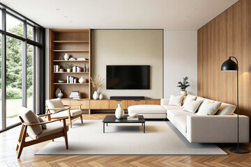 Fototapeta premium Contemporary living room interior with wood paneling, stylish furniture, and cozy decor in natural daylight, minimal design concept. Ai generative