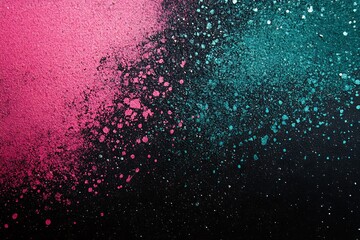 Abstract paint splatter in vibrant pink and teal tones on a black background creating a dynamic artistic texture with explosive energy