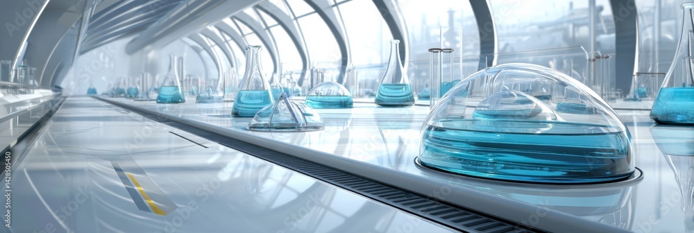 Poster futuristic lab showcasing oil samples contained under glass domes in a clean, organized environment 