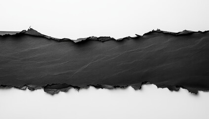 Torn Black Paper Strip Against a Blank White Background, Creating a Striking Visual Contrast and Blank Space for Text or Graphics
