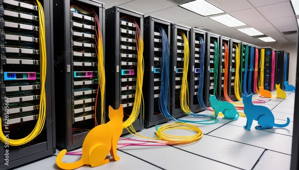Poster colorful cardboard cutout cats amidst vibrant cables in a server room filled with black server racks