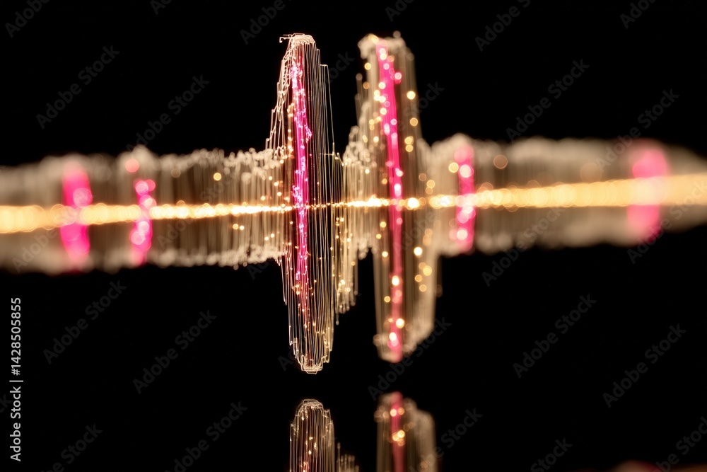 Poster a vibrant, abstract representation of sound waves, featuring colorful lights and a reflective surfac