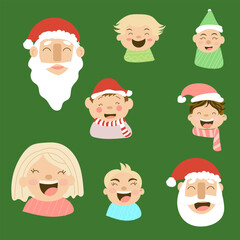 Kawaii doodle vector flat set of Christmas avatar: cute Santa Claus, smiling  faces, children cartoon, boys and girls