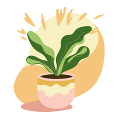 Boho plant pot with wavy decor and sunshine around, flat vector, eco minimalist style