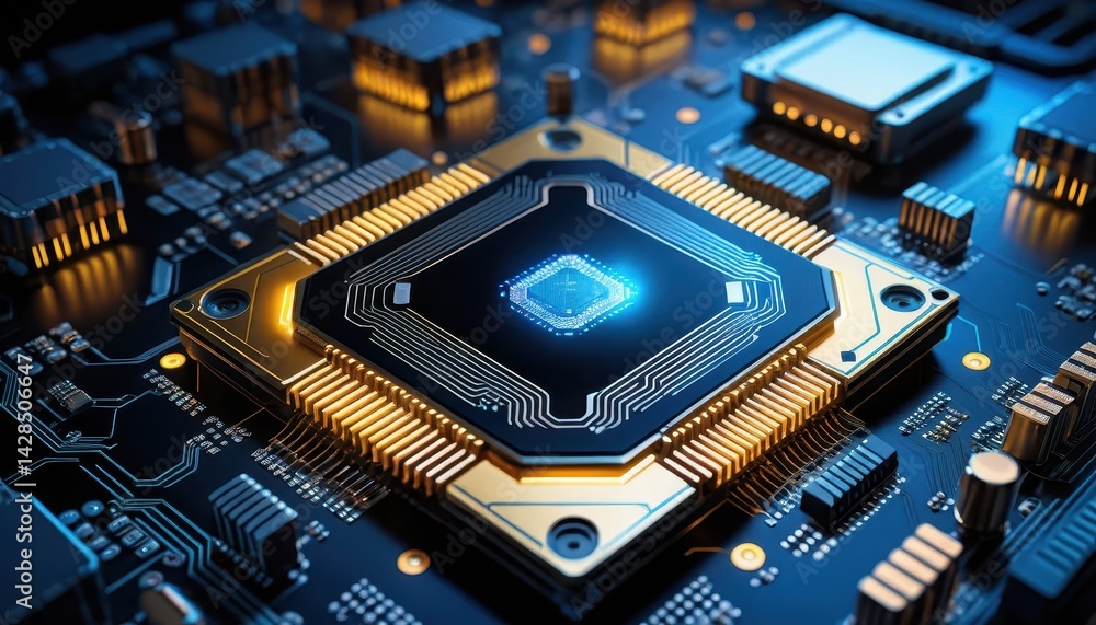 Poster Close-Up View of a Central Processing Unit CPU Chip on a Circuit Board Featu Intricate Gold Connectors and a Glowing Blue Core Illuminating Technology