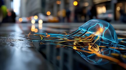 Futuristic glowing jellyfish sculpture with illuminated cables on city street at night