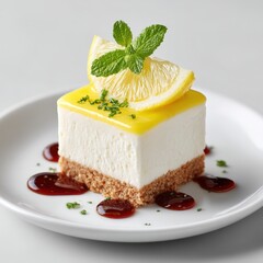 Japanese yuzu cheesecake, refined dessert style, white elegant background