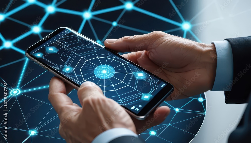 Poster Close-up of hands holding smartphone with digital network graphic overlaying a larger abstract network visualization in modern technology environment