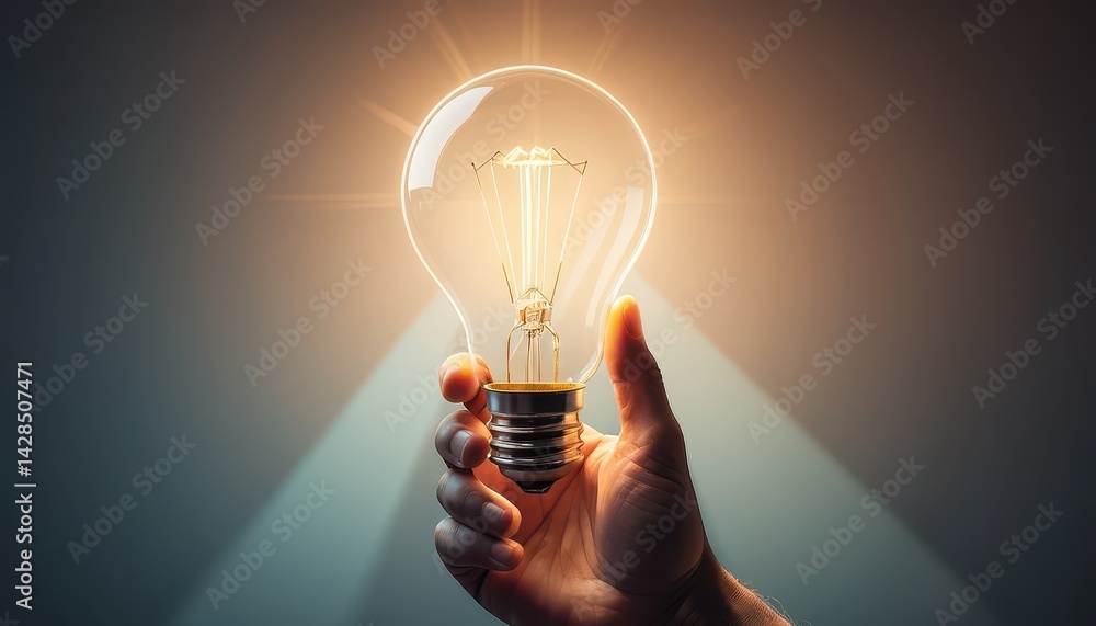 Fototapete a hand holding a glowing incandescent light bulb that emits bright light against a dark background c
