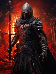 Fototapeta premium A dark knight in full armor holding a glowing sword standing in a fiery environment with dark shadows