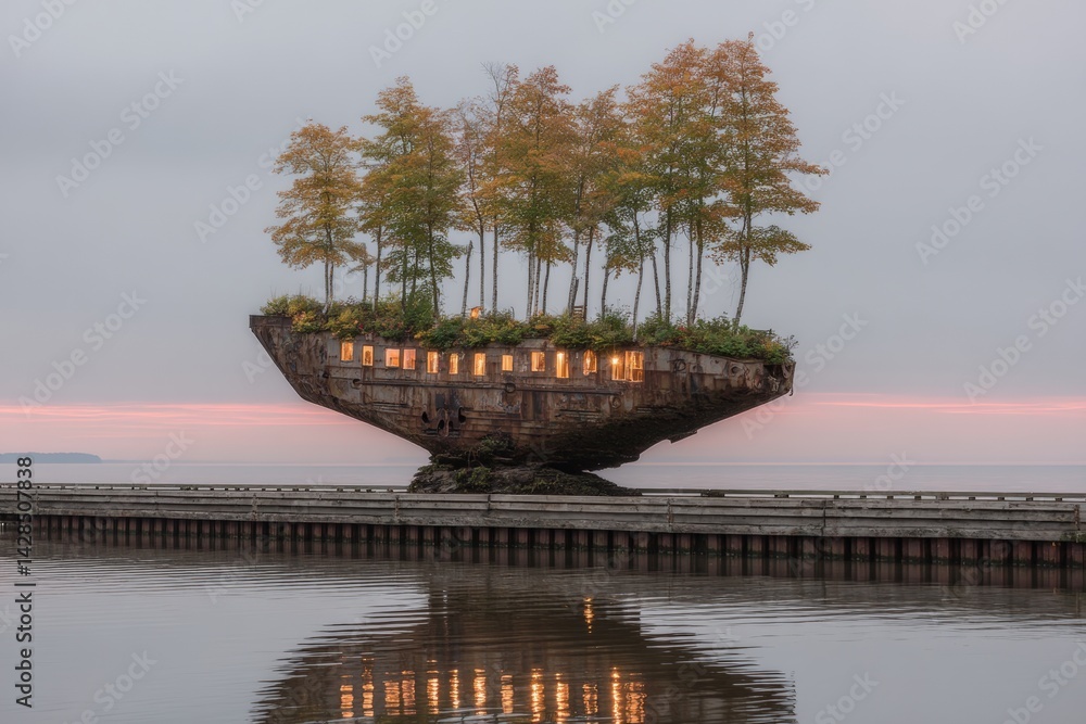 Poster a unique floating structure with trees, reflecting on calm water during twilight, creating a serene 