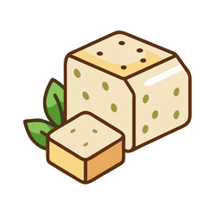 Isometric Tofu Cube with Fresh Basil Leaves Illustration