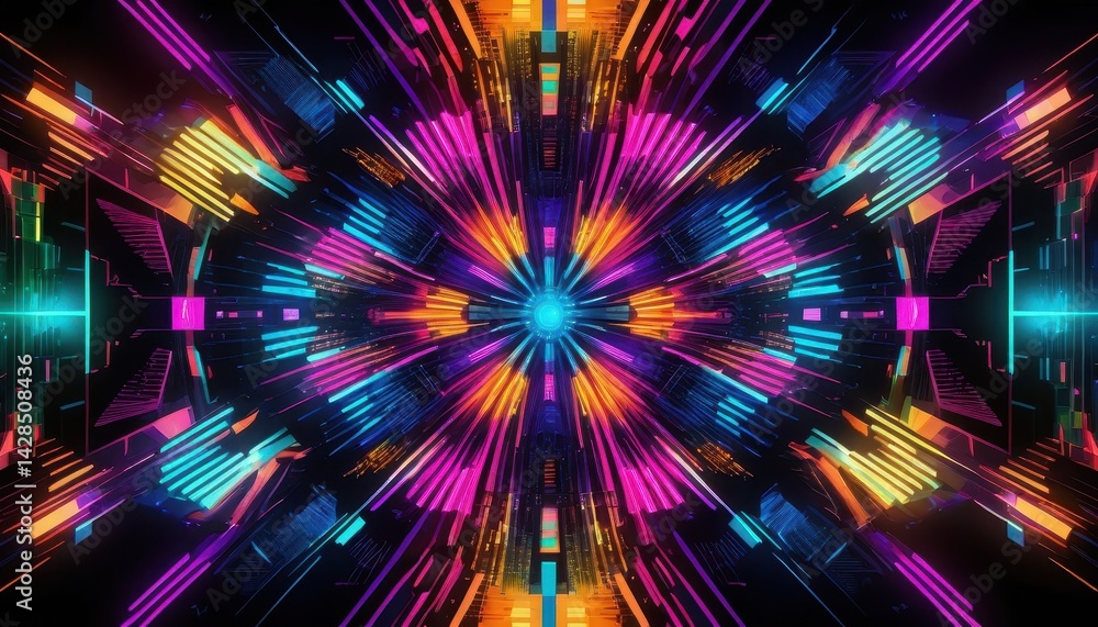 Poster Vibrant Neon Kaleidoscopic Abstract Image with Geometric Shapes and Energetic Symmetrical Patterns Radiating from a Central Point of Light Design