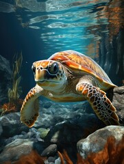 Obraz premium A sea turtle swimming underwater near rocks and plants in a clear blue ocean environment scene view