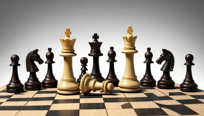 A chessboard displaying a lively game in progress with white and black pieces including kings, queens, knights, and pawns strategically positioned.