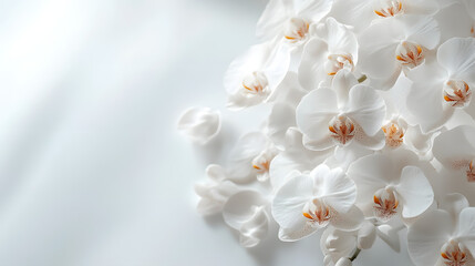 Fototapeta na wymiar Delicate white orchid blooms on horizontal pure white background floral photography minimalist aesthetic