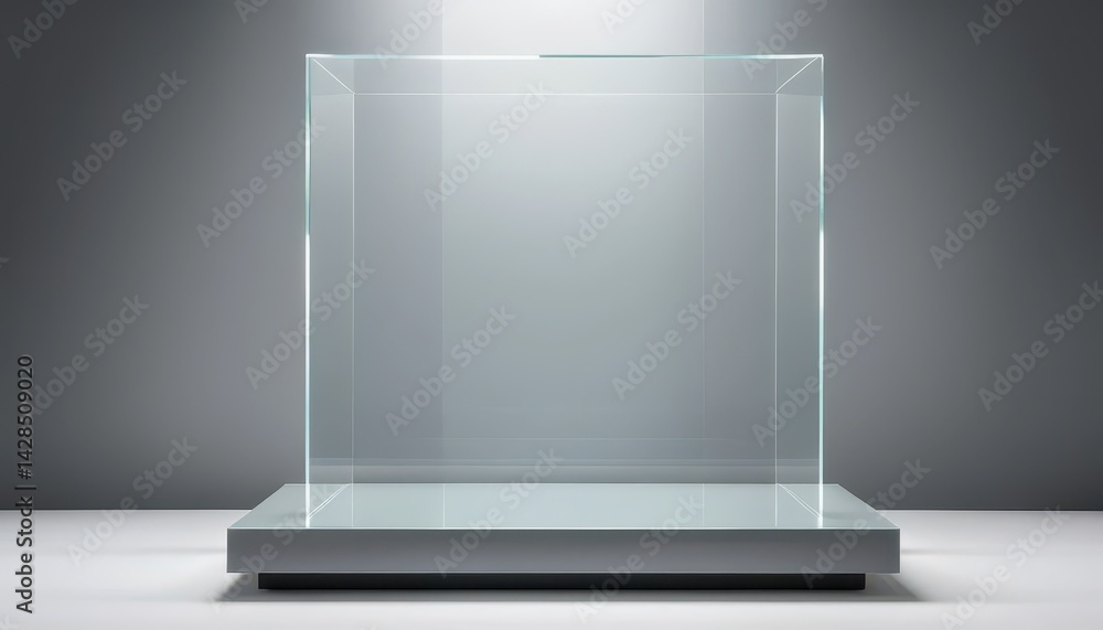 Poster Large Empty Glass Display Cube on Gray Base Illuminated from Above Against a Smooth Gray Background in a Modern Aesthetic Composition