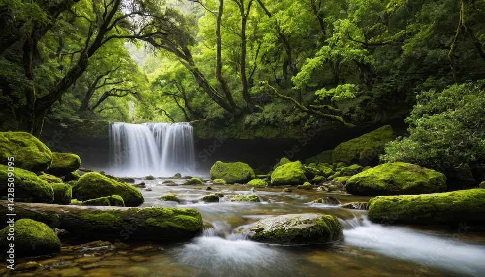 Poster serene waterfall cascading gently into moss covered stream surrounded by lush verdant forest creatin
